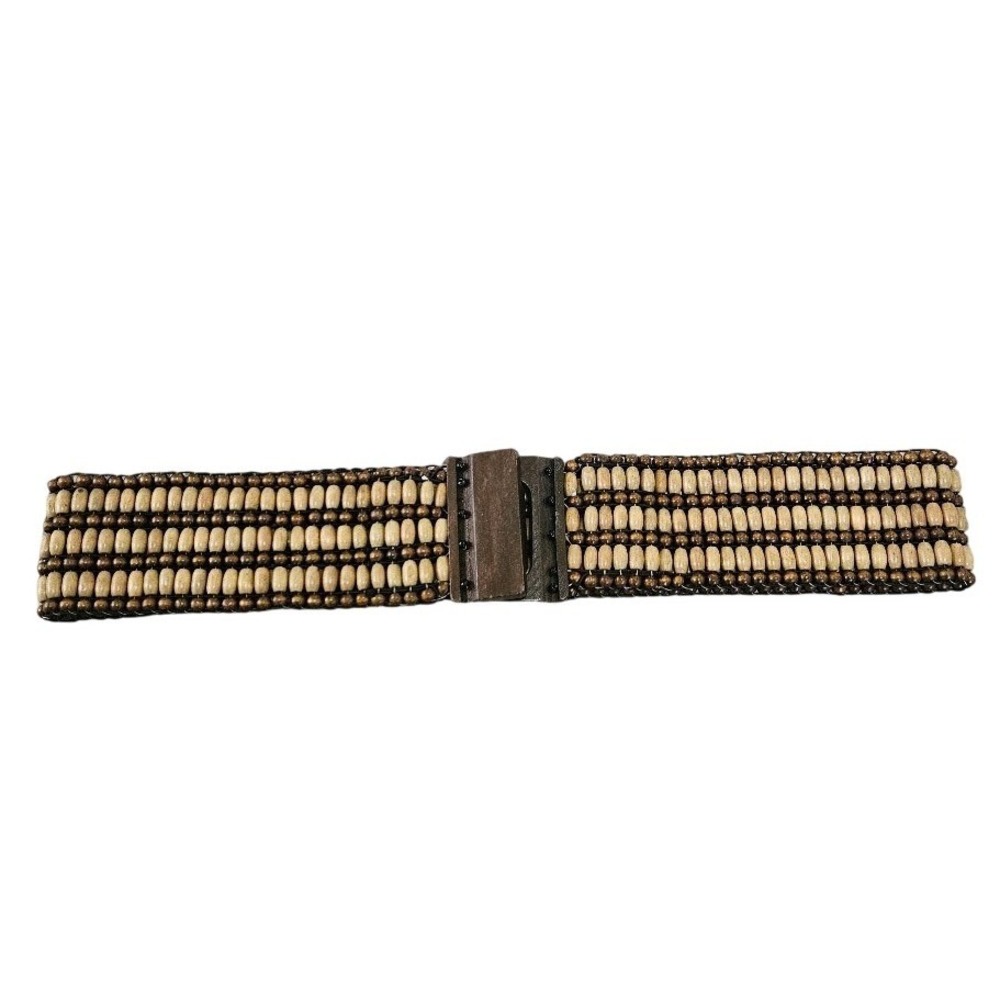 Vintage Wood Bead Stretch Belt Brown Boho Wide Elastic Waist Cinch One Size